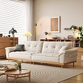 Modern Light Cream Fabric Sofa And Wooden Coffee Table Set For Cozy Living Room Decor