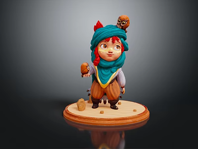 Red Horned Girl With Blue Turban Skull Decoration Holding Little Bird On Wooden Base 3d model