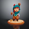 Red Horned Girl With Blue Turban Skull Decoration Holding Little Bird On Wooden Base