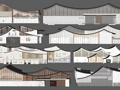 Traditional Modern Architectural Facades With Various Roof Designs And Wooden Glass Elements 3d model