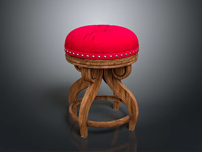 Traditional Wooden Stool With Red Padded Seat And Decorative Studs On Curved Legs 3d model
