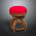 Traditional Wooden Stool With Red Padded Seat And Decorative Studs On Curved Legs