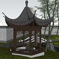 Traditional Chinese Garden Landscape With Curved Eaves Pavilion Carved Railings And Green Grass