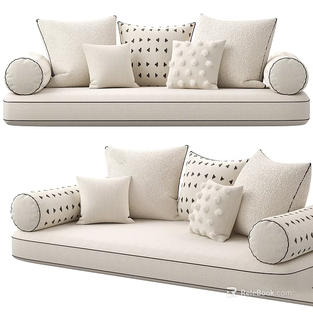 Stylish Modern Decorative Pillows With Various Patterns And Solid Colors On Sofa 3d model 