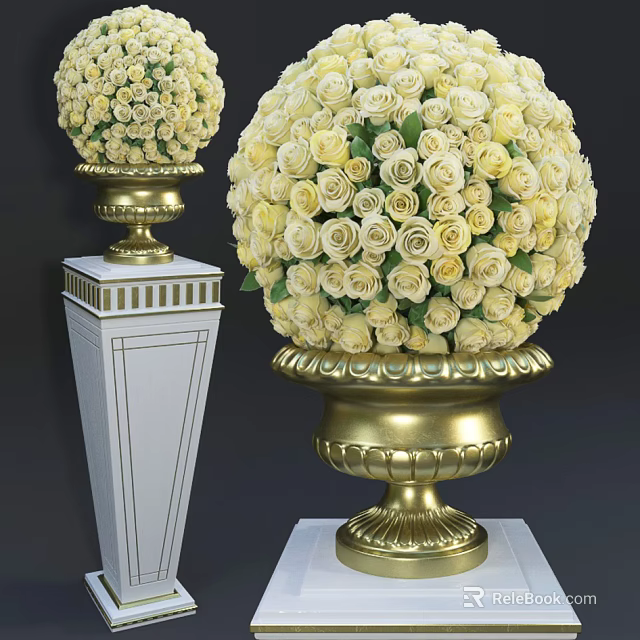 Ornamental Public Facility Decorative Flower Balls With Golden Base And White Pedestal 3d model 