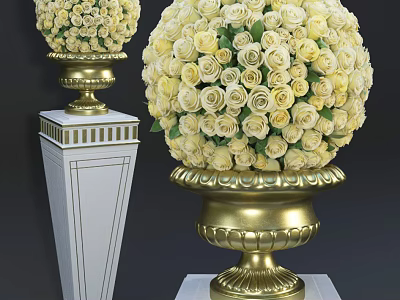Ornamental Public Facility Decorative Flower Balls With Golden Base And White Pedestal 3d model
