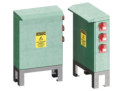 Green Industrial Electrical Control Cabinets With Warning Labels Red Buttons And Metal Stands 3d model