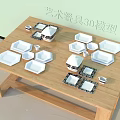 Artistic Tableware 3D Model Set Including Plates Bowls on Wooden Table 3d model