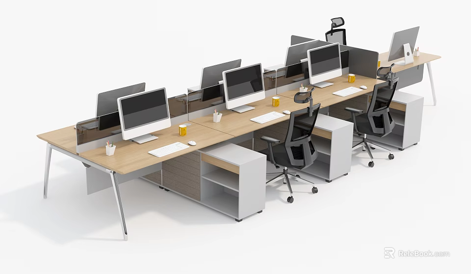 Modern Office Workstations With Wooden Desktops Computers And Ergonomic Chairs 3d model 