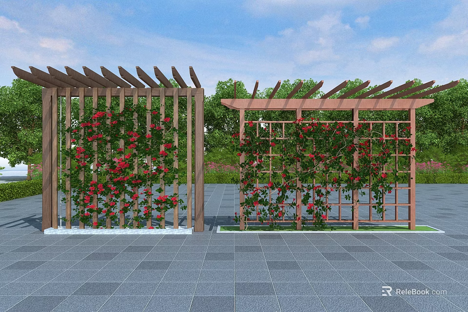 Outdoor Garden Pergola With Climbing Vines Red Flowers And Greenery 3d model 