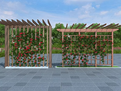 Outdoor Garden Pergola With Climbing Vines Red Flowers And Greenery 3d model