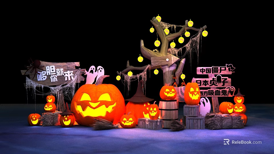 Halloween Decorative Scene With Pumpkin Lanterns Ghosts And String Lights 3d model