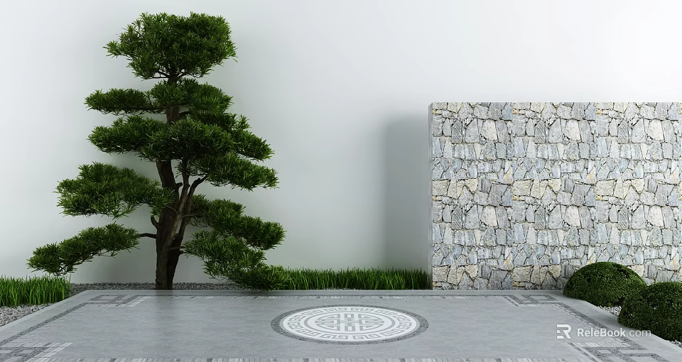 Building Exterior Wall With Natural Stone Cladding Pine Tree Green Grass And Circular Decorative Floor Pattern 3d model