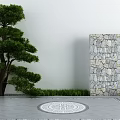 Building Exterior Wall With Natural Stone Cladding Pine Tree Green Grass And Circular Decorative Floor Pattern 3d model