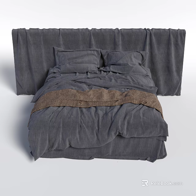Cozy Gray Double Bed With Soft Bed Linens Upholstered Headboard And Brown Blanket 3d model 