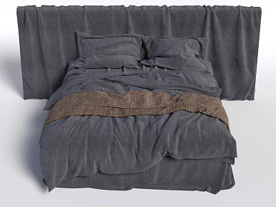 Cozy Gray Double Bed With Soft Bed Linens Upholstered Headboard And Brown Blanket 3d model