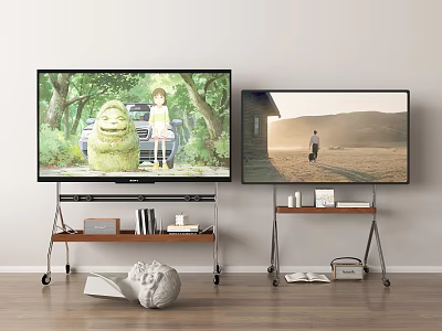 Two TVs On Wheeled Stands Display Scenery With Books And Decorative Items 3d model