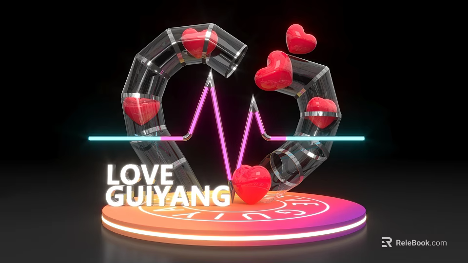 Love Guiyang Photo Check In Spot with Neon Hearts ECG Line and Circular Base 3d model 