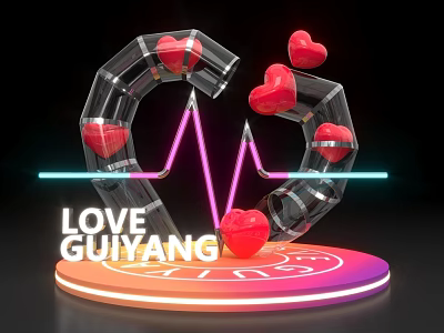 Love Guiyang Photo Check In Spot with Neon Hearts ECG Line and Circular Base 3d model