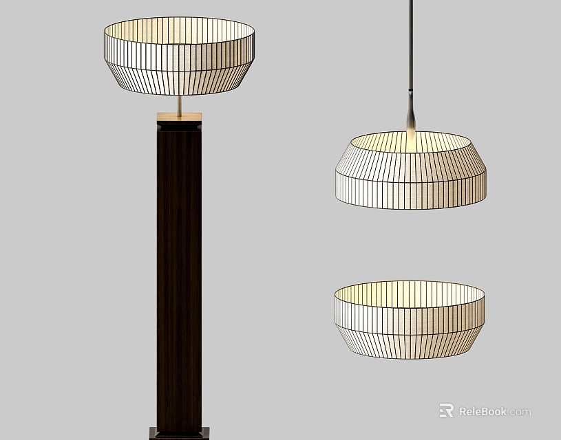 Lighting Combination Featuring Floor Lamp and Pendant Lights with Minimalist Woven Striped Shades 3d model 