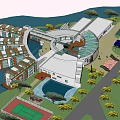 Modern Waterfront Hotel Building Featuring Circular Design Multi Storey Structure And Green Landscaping