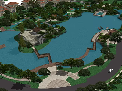 Scenic Park Landscape With Lake Island Wooden Boardwalks Trees And Walking Paths 3d model
