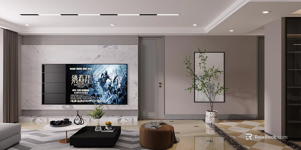 Modern Elegant Living Room With Marble TV Background Wall Cozy Furnishings And Decorative Green Plants 3d model 