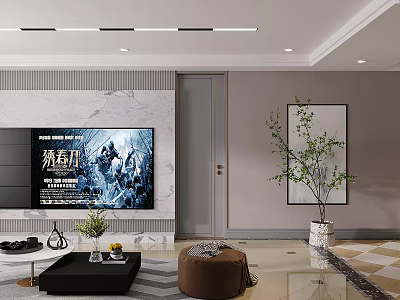 Modern Elegant Living Room With Marble TV Background Wall Cozy Furnishings And Decorative Green Plants 3d model