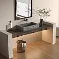 Minimalist Bathroom Vanity With Stone Sink Wooden Countertop Mirror Plant And Wicker Basket