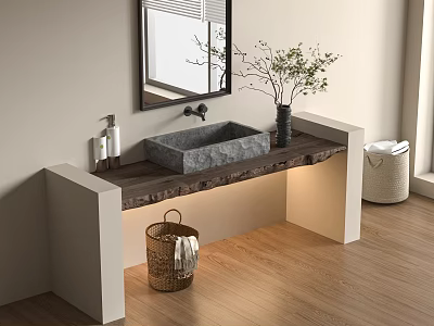 Minimalist Bathroom Vanity With Stone Sink Wooden Countertop Mirror Plant And Wicker Basket 3d model