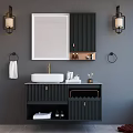 Modern Gray Wall Bathroom Washstand With Black Cabinet White Basin Gold Faucet And Mirror