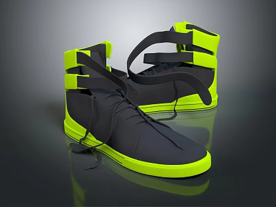 Stylish High Top Shoes Dark Gray Upper Neon Yellow Sole And Black Laces 3d model