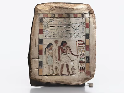 Stone Wood Ancient Egyptian Carved Stela with Hieroglyphs Figures and Colorful Patterns 3d model