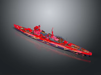 Red Scale Warship Model With Detailed Decorative Patterns And Metallic Accents 3d model