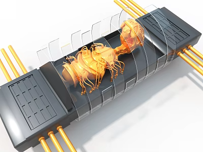 Art Installation With Transparent Casing Golden Rod Like Structures Mechanical Biological Form And Black Base 3d model