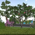 Garden Landscape With Pine Tree Pink Flowering Tree Purple Flowers Green Lawn And Blue Benches