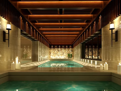 Modern Indoor Swimming Pool With Wooden Ceiling Elegant Lighting And Clear Water Design 3d model