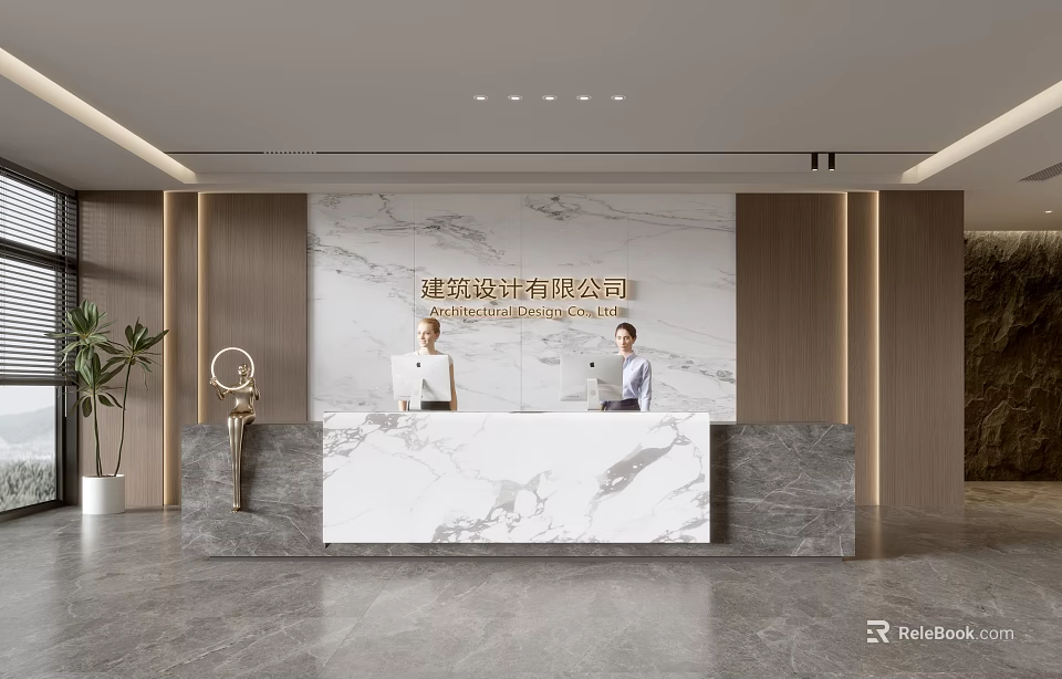 Modern Elegant Marble Reception Counter With Professional Receptionists Inside Bright Contemporary Corporate Office Lobby 3d model 