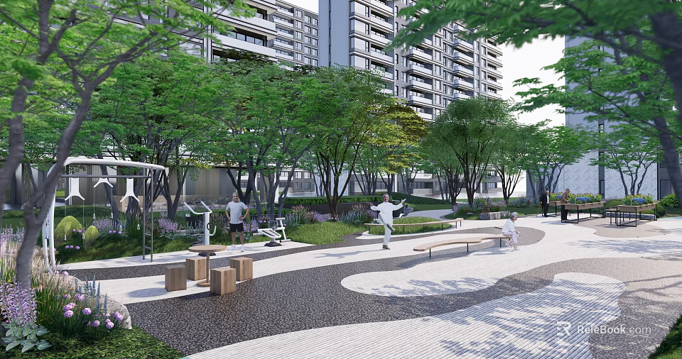 Residential Landscape With Tall Buildings Lush Trees Recreational Pathways Benches And People 3d model 