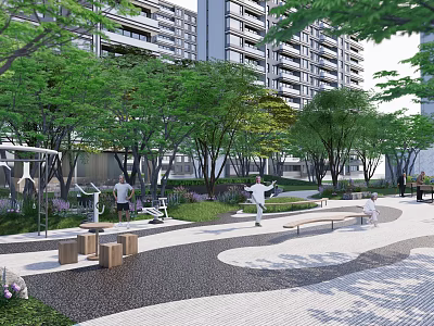 Residential Landscape With Tall Buildings Lush Trees Recreational Pathways Benches And People 3d model
