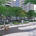 Residential Landscape With Tall Buildings Lush Trees Recreational Pathways Benches And People