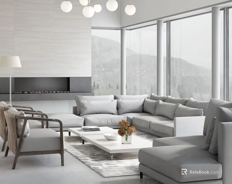 Modern Gray Sofa And White Coffee Table Set With Floor To Ceiling Windows Mountain View 3d model