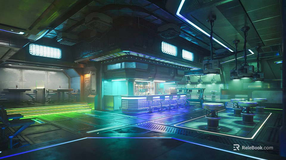 Modern Futuristic Bar Interior With Neon Lighting Counter And Metallic Seats 3d model 
