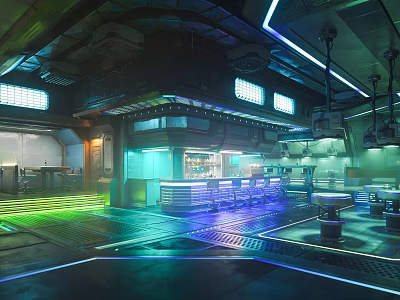 Modern Futuristic Bar Interior With Neon Lighting Counter And Metallic Seats 3d model