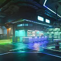 Modern Futuristic Bar Interior With Neon Lighting Counter And Metallic Seats