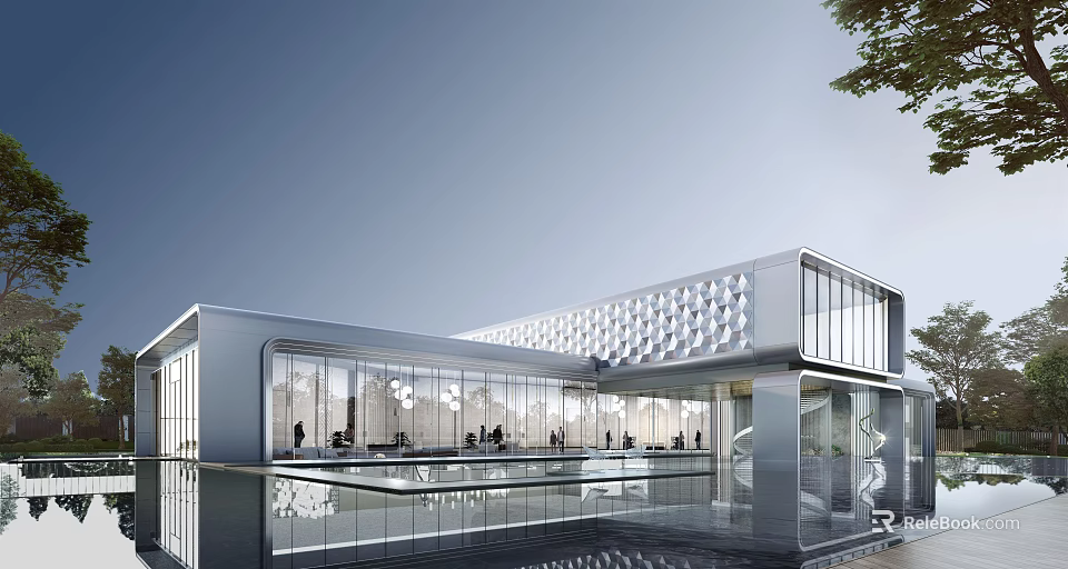 Contemporary Modern Sales Office Building Featuring Glass Walls Geometric Patterns And Reflection Pool 3d model