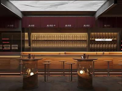 Modern Restaurant Interior With Red Awnings Bar Counter High Stools And Wine Racks 3d model