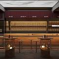 Modern Restaurant Interior With Red Awnings Bar Counter High Stools And Wine Racks