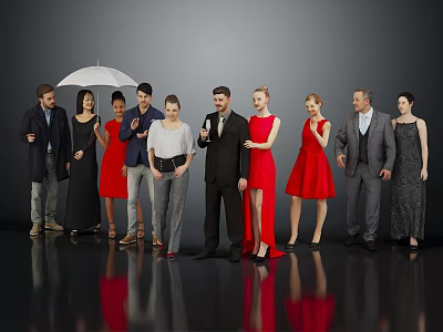 Group of People With Microphone White Umbrella Standing In Formal Attire Against Gray Background 3d model