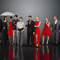 Group of People With Microphone White Umbrella Standing In Formal Attire Against Gray Background